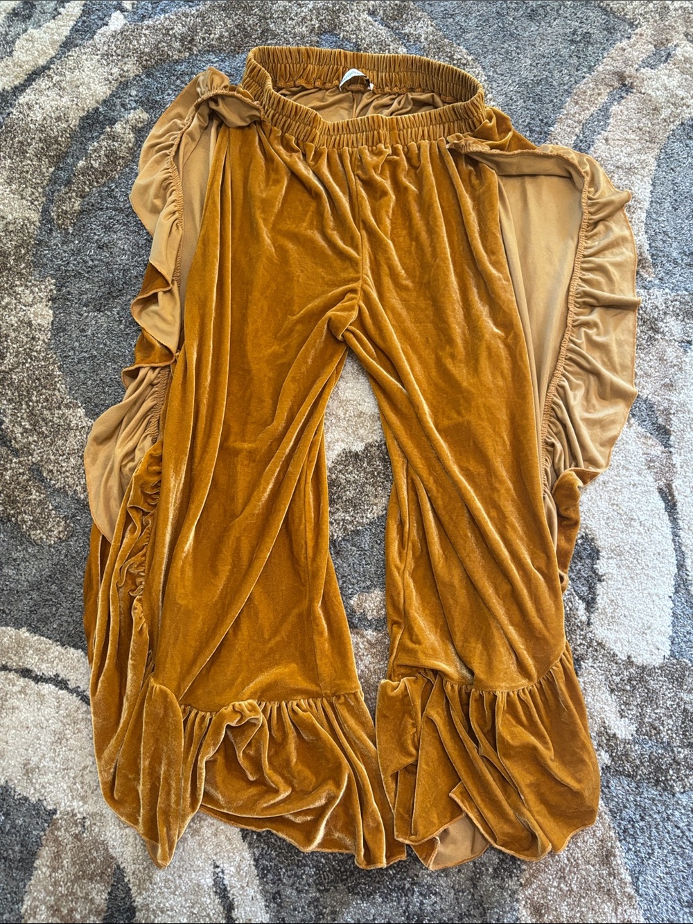 Velvet Ruffle Wide-Leg Trousers in Mustard